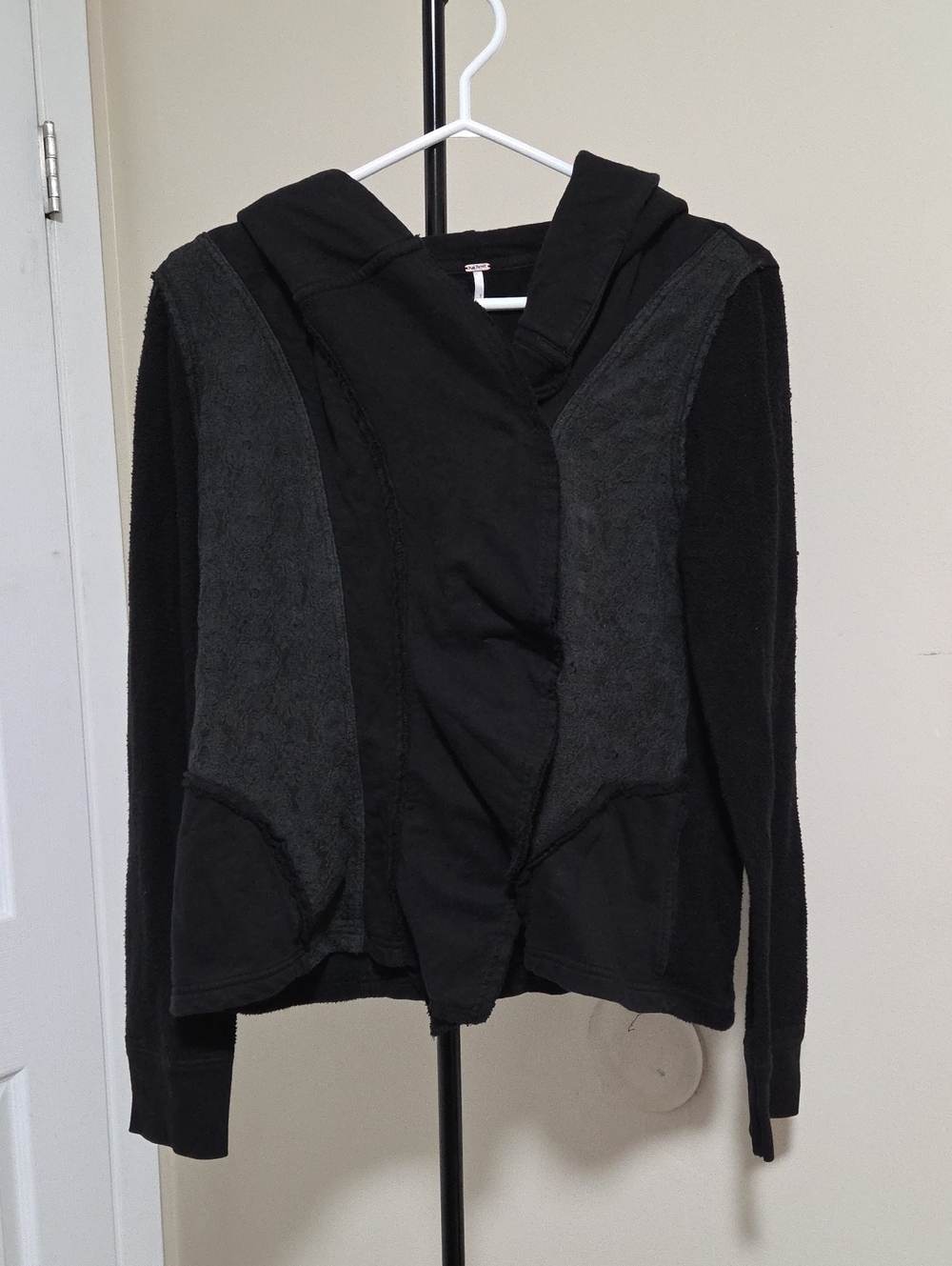 Free People 100% Cotton  Black Hooded Cardigan with Textured Panels Snap Front